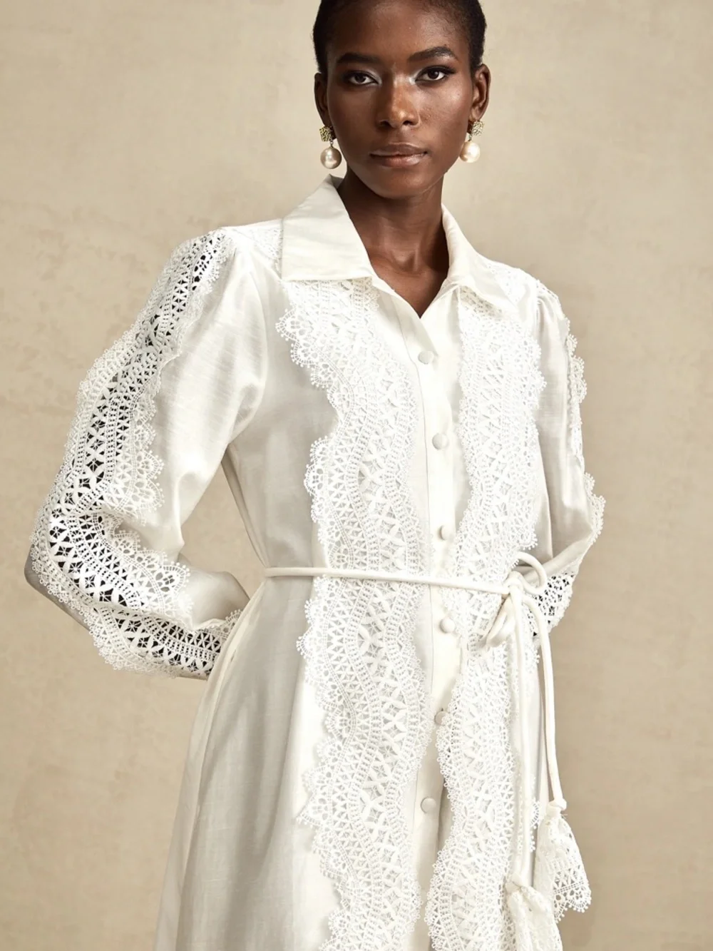 White Lace-Trim Long Button-Down Dress - Picture 3 of 10